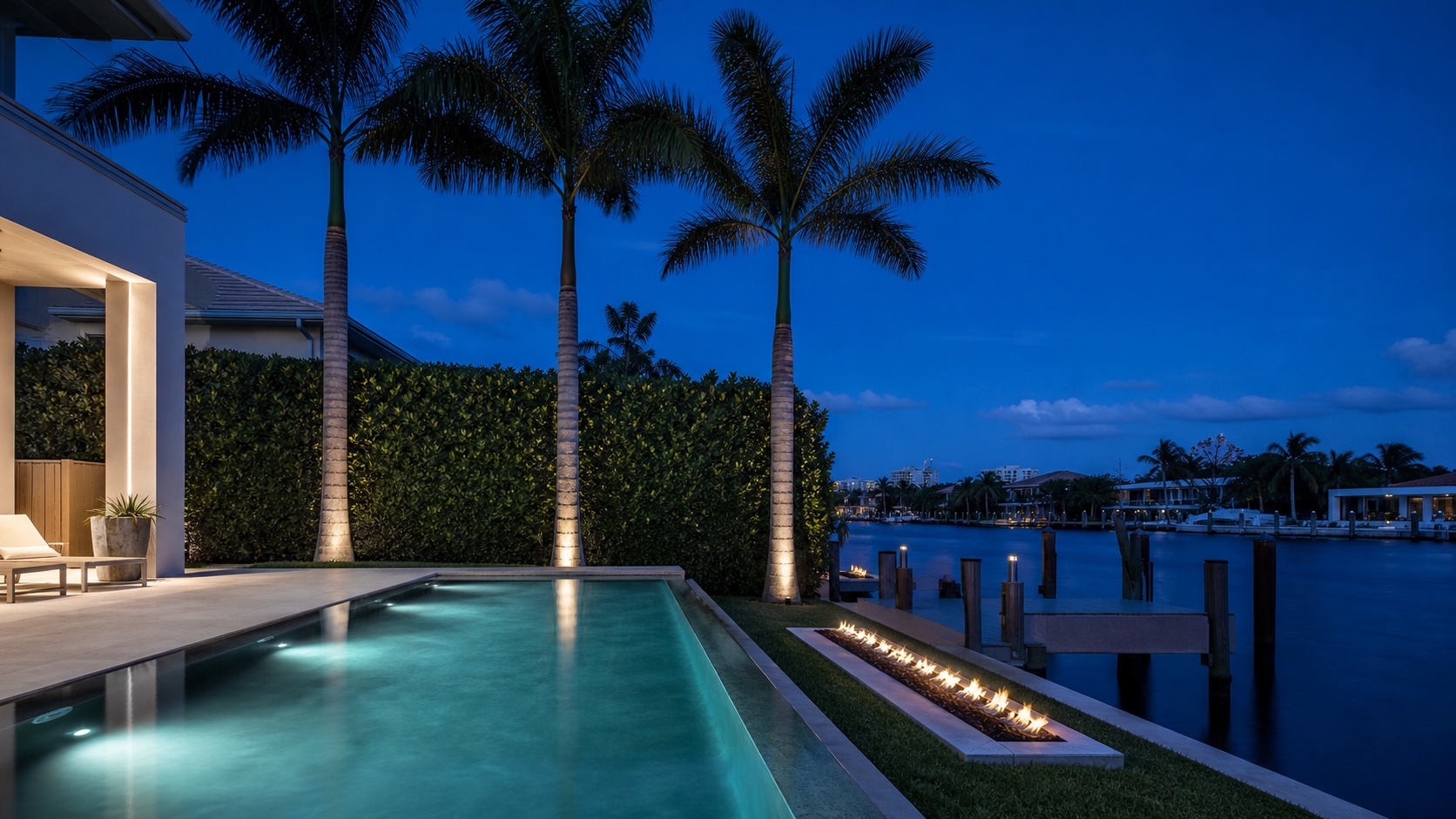 Waterfront residence at blue hour with an infinity pool, illuminated royal palms and Intracoastal dock