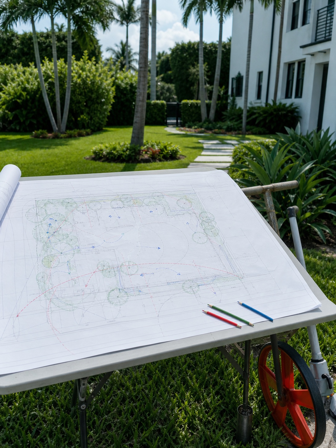 Site survey marked for sun, drainage and existing trees at a South Florida property